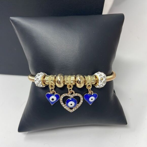 Gold Evil Eye Heart Charm Stretchy Bangle Bracelet - Picture 3 of 6